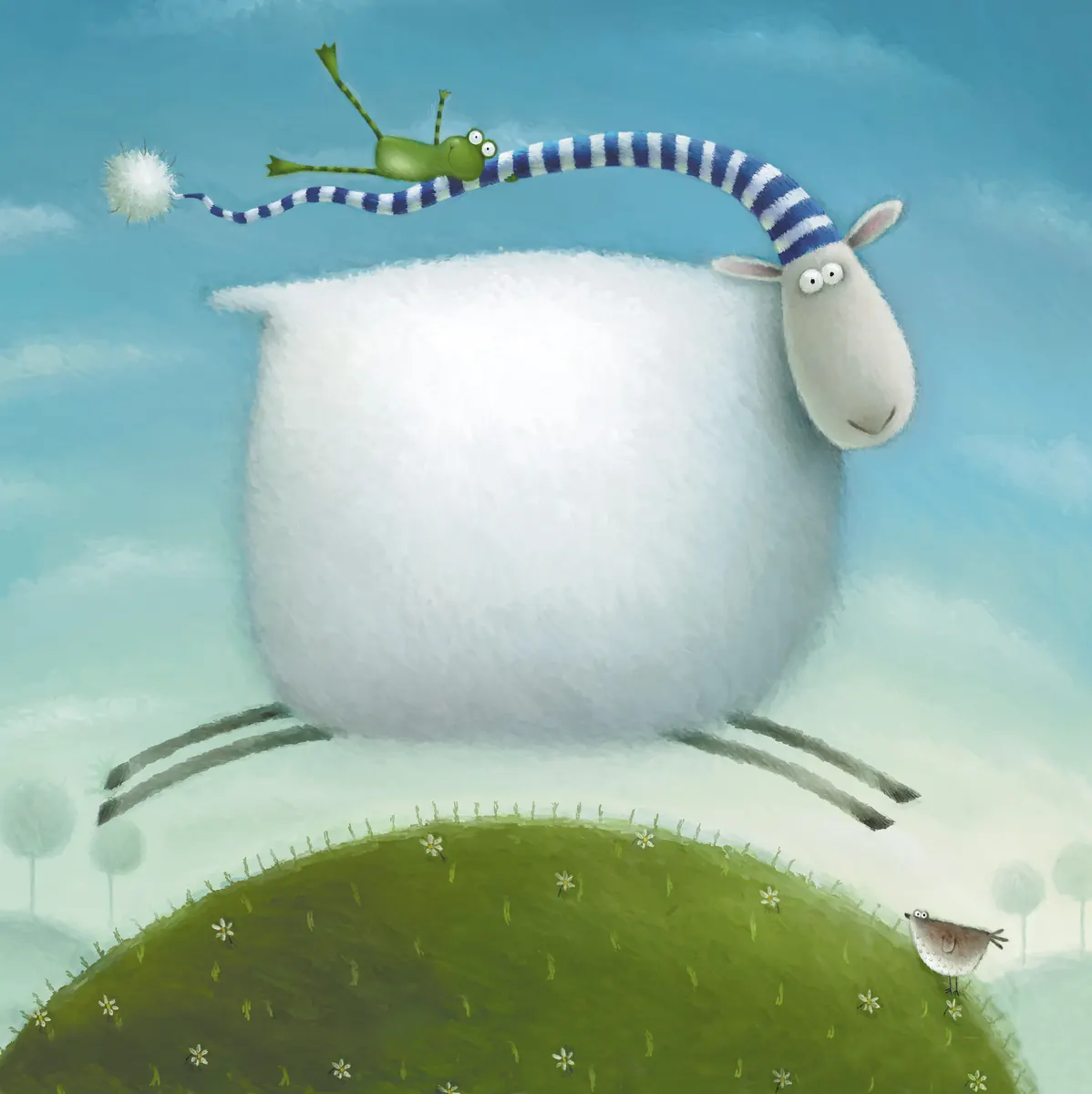 Russell the Sheep leaping over a green hill, with Frankie the frog riding on his stripy nightcap